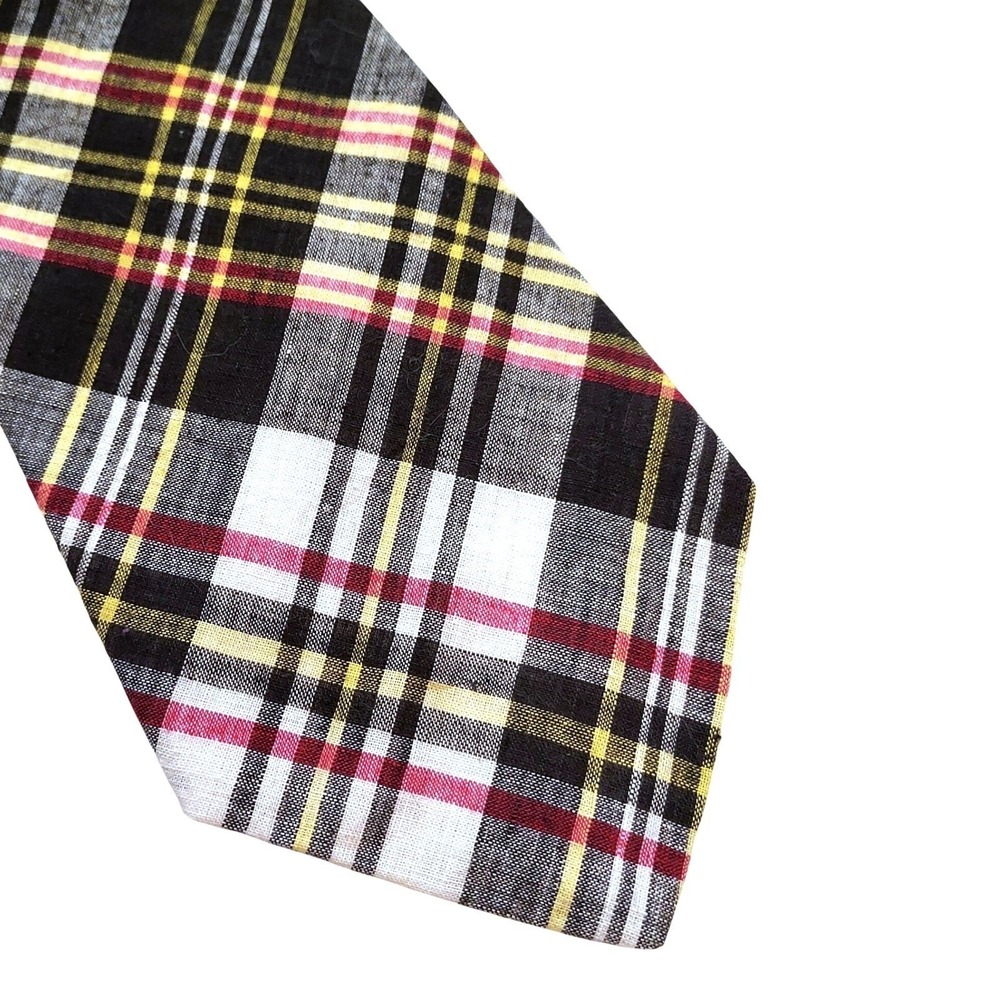 Windsor Plaid Necktie Mens One Size Black White Red Yellow Tartan Cotton Blend